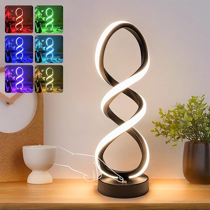 Modern Table Lamp, 7 Colors 10 Light Modes Spiral Design Table Lamp, Touch Dimmable Nightstand Lamp, Unique Bedside Lamp for Living Room, Bedroom, Cool Lamps, Black