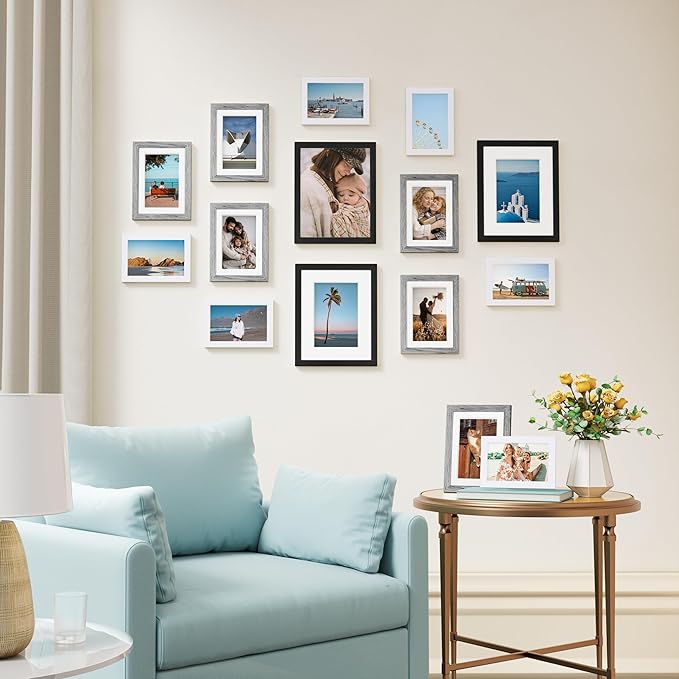 Vittanly 15 Pack Picture Frames Collage Wall Decor, Multi Sizes Including 3pcs 8x10, 6pcs 5x7 and 6pcs 4x6 Photo Frames, Gallery Frame Set for Wall or Tabletop Display, Black, Grey and White
