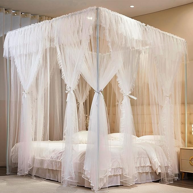 4 Corners Post Princess Curtains Bed Canopy for Girls 8 Panels Curtain- Double Layer Sheer Mesh Canopies Drapes Girls Room Decor (8P-White/White, 4P(43"x82") W+4P(43"x82") L/(King))