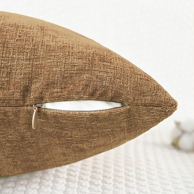 CaliTime Throw Pillow Covers Decorative 24 X 24 Inches Pack of 2 Cozy Chenille Cushion Cases for Couch Sofa Bed Living Room Home Apricot Brown