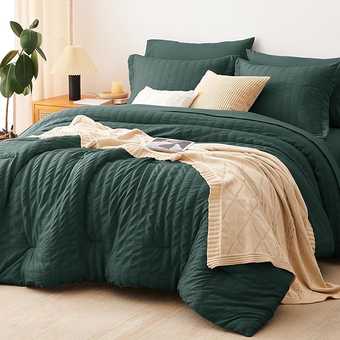 CozyLux Full Size Comforter Sets with Sheets Seersucker 7 Pieces Forest Green Bed in a Bag Textured Luxury Soft Bedding Set with Down Alternative Comforter, Sheets, Pillowcases & Shams for All Seasons