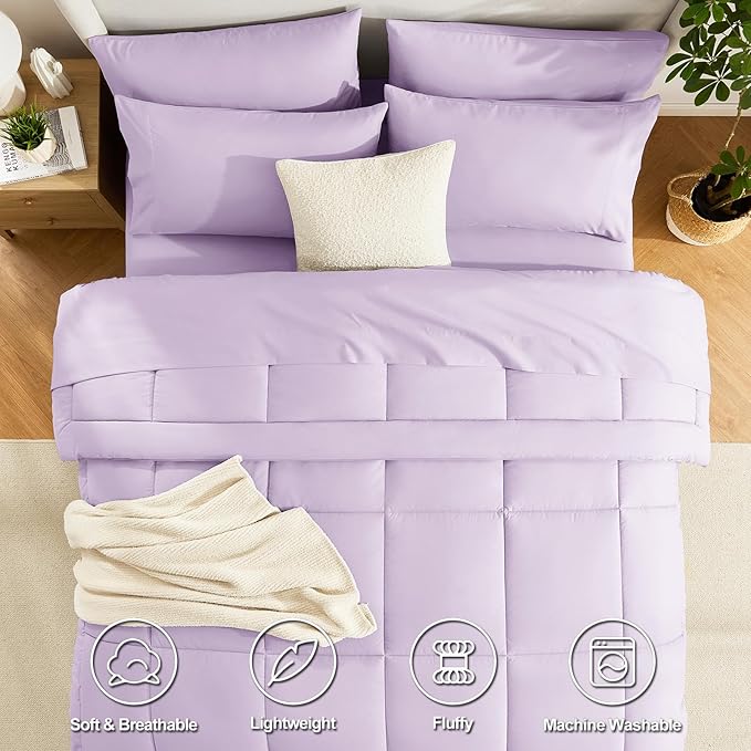 CozyLux Full Size Comforter Sets Lavender, 7 Pieces Bed in a Bag, Light Purple Comforter Full Size, All Season Bedding Sets with Stitch Quilted Comforter, Flat Sheet, Fitted Sheet, Pillowcases