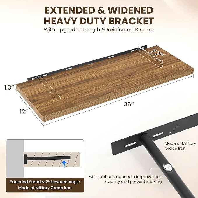 36" Floating Shelves for Wall, 12" Deep Slim Walnut Floating Shelves, Wall-Mounted Shelves for Bedroom, Living Room, Kitchen, Bathroom - Set of 2