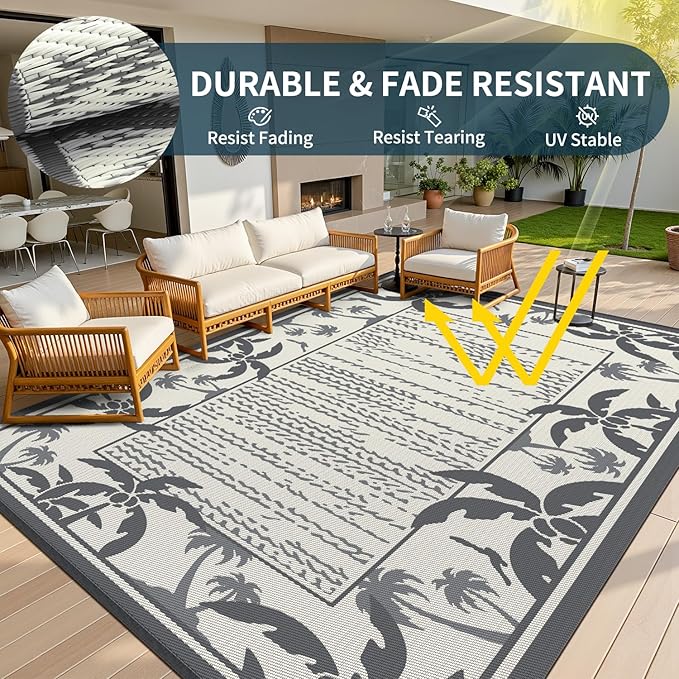 COCOER Outdoor-Rug 6x9 ft Waterproof Reversible Outdoor Plastic Straw Rug RV Indoor Outdoor Carpet Quick Dry Patio Rug Camping Mat for Balcony Backyard Picnic Beach-Grey&Beige