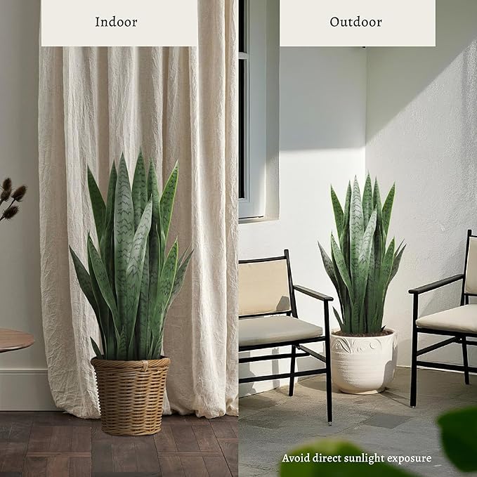 KOL 3FT Artificial Snake Plant, Fake Sansevieria Indoor Outdoor, 28 Thick PE Leaves Lifelike Faux Silk Plants, Home Decor Mother in Law Tongue 35in, Greenery for Office Decoration, Green