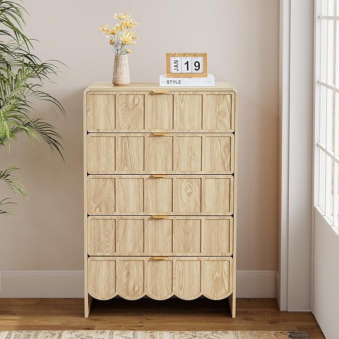 5 Drawer Dresser for Bedroom Set of 2, Modern Closet Chest of Drawers with Wave Fluted Drawer, Wood Storage Small Dresser Organizer for Nursery Bedroom Living Room Hallway Closet (Natural)