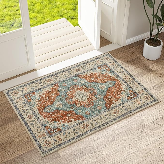 Topllen Entryway Rug - 2'x3' Boho Soft Low Pile Washable Area Rug, Non-Slip Small Rugs Indoor for Front Door Entrance Kitchen Bathroom, Vintage Carpet Stain Resistance (Rust, 2x3ft)