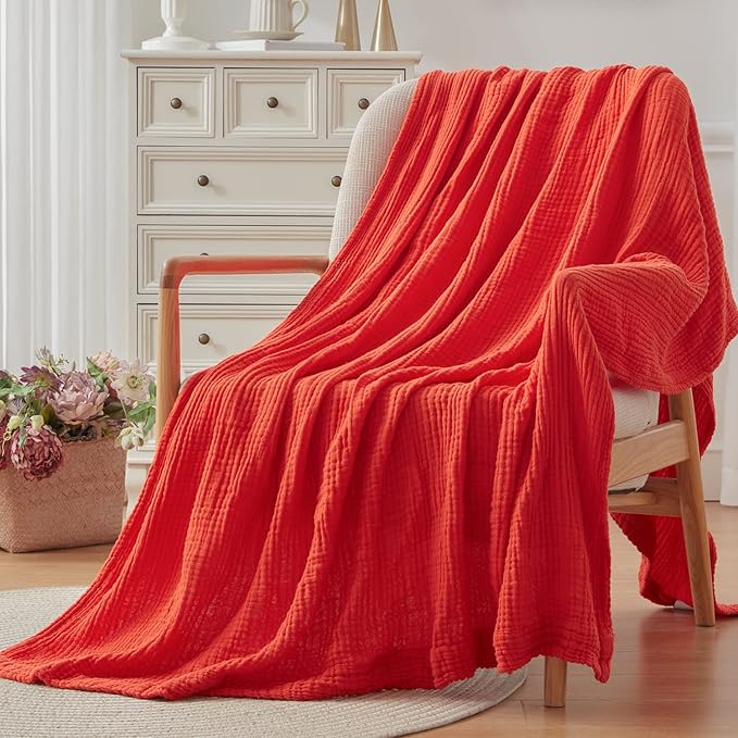 EMME Cotton Blanket Queen Size for Bed Soft Large Muslin Bed Blankets 90"x90" Lightweight Breathable All Season Gauze Blanket, Orange Rust