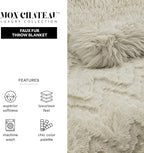 Mon Chateau Premium Reversible Queen Size Luxury Faux Fur Throw for Couch, Sofa, or Queen Size Bed - Plush Cozy Soft Blanket for Sleeping or Home Décor, 60" x 70" (Beige Jacquard)
