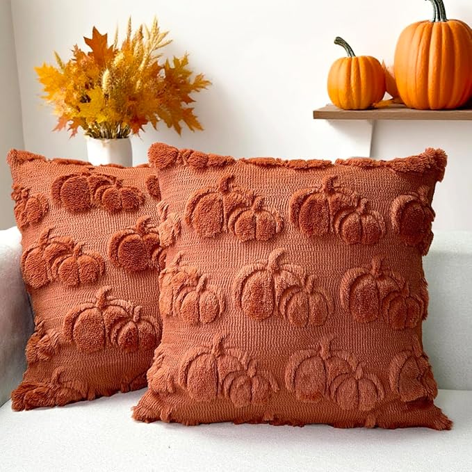 Booque Valley Fall Decorative Pillow Covers Set of 2 18"x18" Soft Plush Faux Fur Wool 3D Rust Pumpkin Throw Pillowcases for Autumn Thanksgiving Harvest Decor, Terracotta
