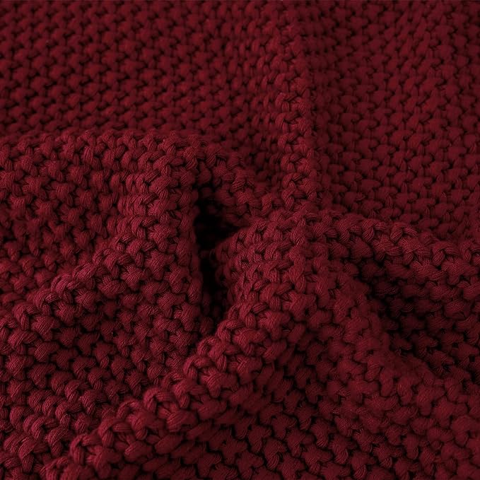 Longhui bedding Chunky Cable Knit Throw Blanket Lightweight Burgundy 100% Organic Cotton Blanket for Sofa Couch Bed Baby Nursery, Rustic Shabby Chic Modern Farmhouse, 51” x 63” Give Laundering Bag