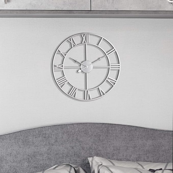 LEIKE 16" Modern Large Wall Clocks,Vintage, Round,Silent Non Ticking,Battery Operated,Silver Metal Roman Numerals Clock for Living Room/Bedroom/Kitchen Decor