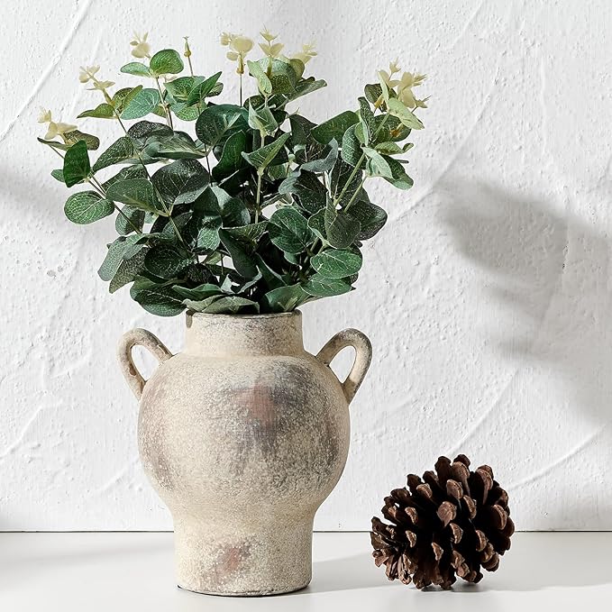 LUKA Antique Ceramic Vase with 2 Handle,7.28 inches Rustic Vase Minimalist Decor, Decorative Vases for Home Decor, Table, Living Room, Shelf, Christmas Decoration(Medium,Gray)