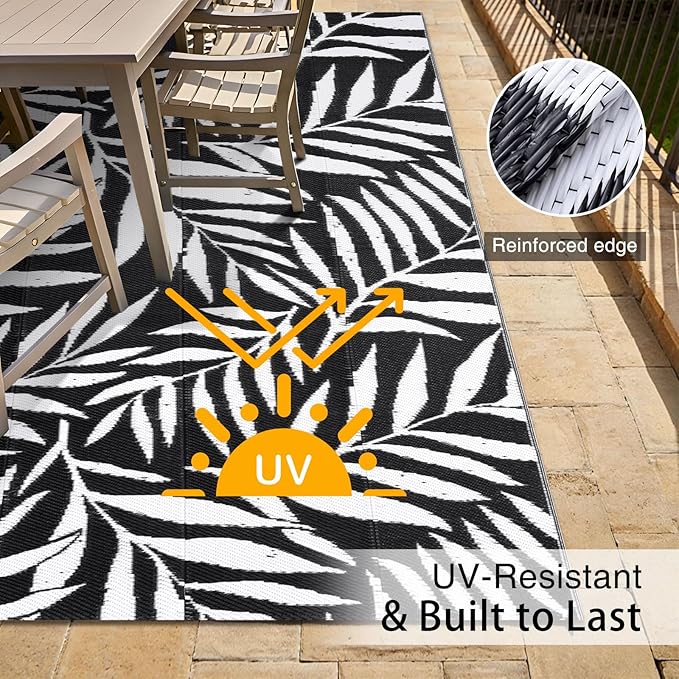 OLANLY Waterproof Outdoor Rug 5x8 ft, Reversible Outdoor Plastic Straw Rug with Leaf Pattern, RV Mat, Indoor Outdoor Carpet for Patio, Camping, Balcony, Deck, Backyard, Black & White