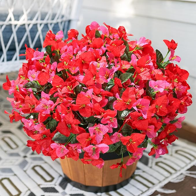 Artificial Flowers for Outdoors, 4 Bundles Fake Bougainvillea Flower UV Resistant Silk Flowers for Outside, Outdoor Faux Plants for Planter Patio Porch Window Garden Home Decoration (RedHotpink)