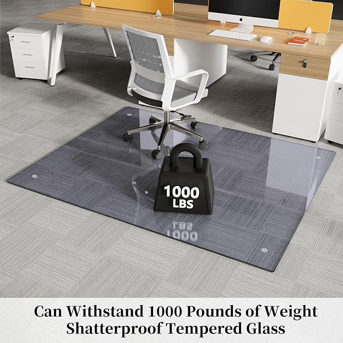 Glass Chair Mat 46" x 55" Heavy Duty Tempered Glass Mat, Office Glass Floor Mat with Round Corner and Polished Edge for Smooth Glide, Carpet Hardwood Floor Protector,Grey