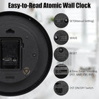 Geevon Atomic Wall Clock, 12" Sets Automatically Wall Clock Battery Operated with AUTO DST, Easy to Read Atomic Analog Clock for Kitchen/Office/Classroom/Living Room(Black)