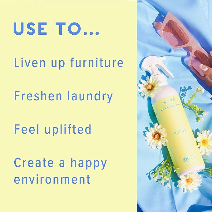 MOXĒ Happy Linen & Room Spray, Uplifting Essential Oils, Natural Aromatherapy Mist, Home & Bedroom, Office, Furniture, Bedding, Pillows, Sheets, Cinnamon, Sweet Fennel, Sage, Thyme, 8 Ounces (1 Pack)