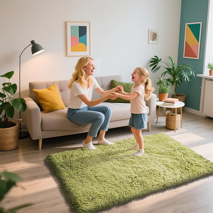 Shag Area Rug for Bedroom 3x5,Green Fluffy Area Rugs for Living Room,Soft Fuzzy Rug Non-Shedding Indoor Plush Carpet for Kids Bedroom Nursery Dorm Home Decor