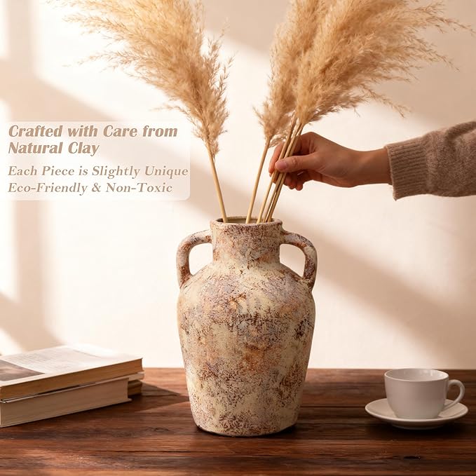 Vintage Wabi Sabi Ceramic Vase – Farmhouse Flower Vase with Handle, Rustic Decorative Pot for Entryway, Shelf, Floral Arrangement, Boho Home Decor