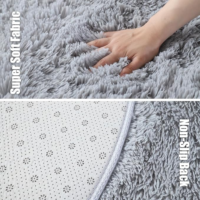 Soft Round Area Rug for Kids Bedroom, Fluffy Fuzzy Shaggy Rug 6'X6'for Living Room, Non Slip Circle Plush Rug for Girls Room Nursery Dorm Decor,Light Grey