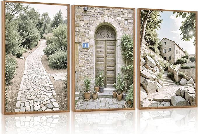 Aurlan Neutral Italy Countryside Landscape Framed Wall Art(16"x24"), 3PCS Vintage Mediterranean City Photography Gallery Canvas Artwork, Large Old Town Architecture Travel Decor Prints for Office Bedroom