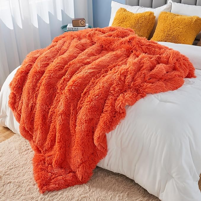 GONAAP Fuzzy Faux Fur Throw Blanket Queen Size Orange Super Soft Cozy Plush Fuzzy Shaggy Blanket for Couch Sofa Bed (Orange, Queen(90"x90"))