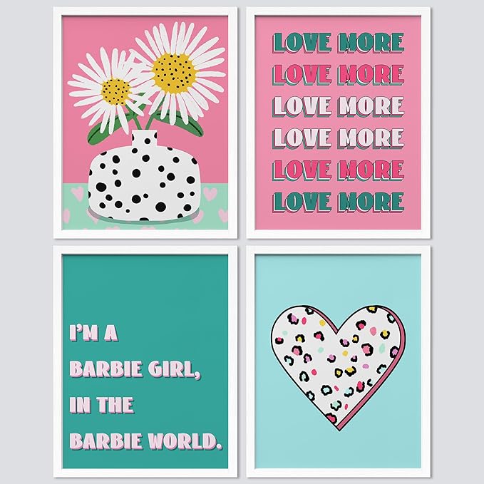 SIGNWIN Framed I'm a Barbie Girl in The Barbie World Wall Art, Set of 4 Heart, Chrysanthemum Illustration Wall Decor Prints, Preppy Room Decor Wall Décor for Living Room, Bedroom - 8"x10" White
