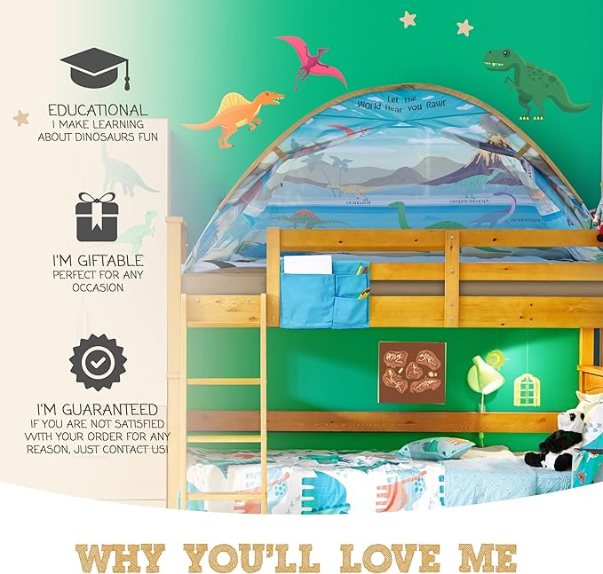 Dinosaur Twin Bed Tent for Kids Indoor Fort - Magical Dream Tents for Boys Pop Up Toddler Bed Canopy for Girls Bunk Bed Tent for Top Bunk - Sensory Sleep Pod for Kids Educational