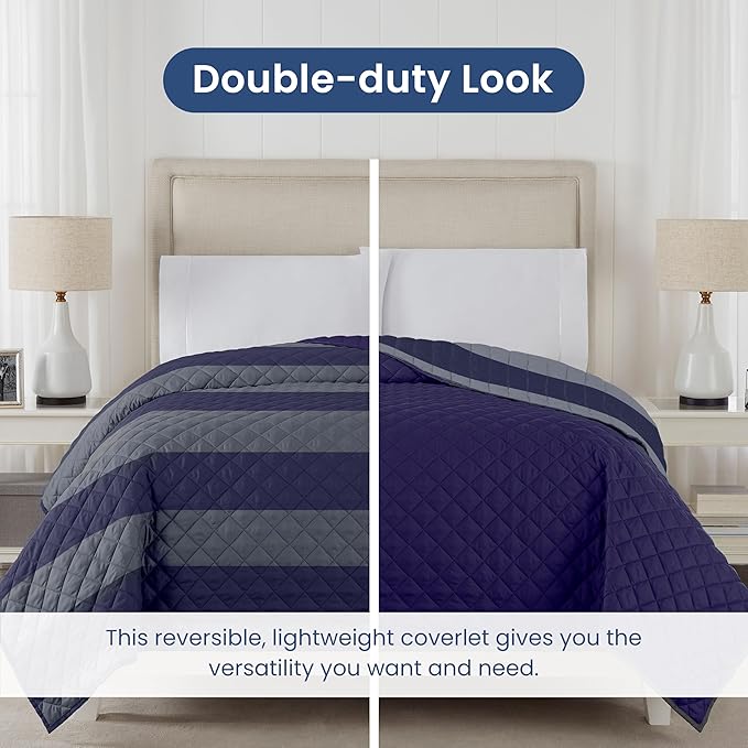 Martex Reversible Coverlet – Full Queen Size Quilt - Lightweight Quilt Full Size– Durable Queen Size Quilts for Bed – Soft - Easy Care Bedding – Rugby Stripe/Navy