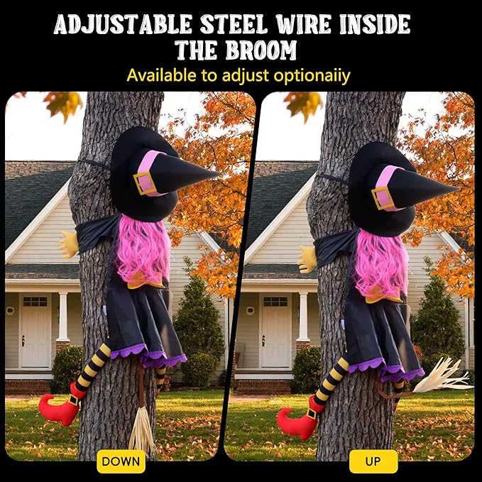 POPGIFTU 51" Halloween Crashing Witch Decoration – Pink Flying Witch for Tree, Yard, Porch, and Indoor Outdoor Halloween Décor