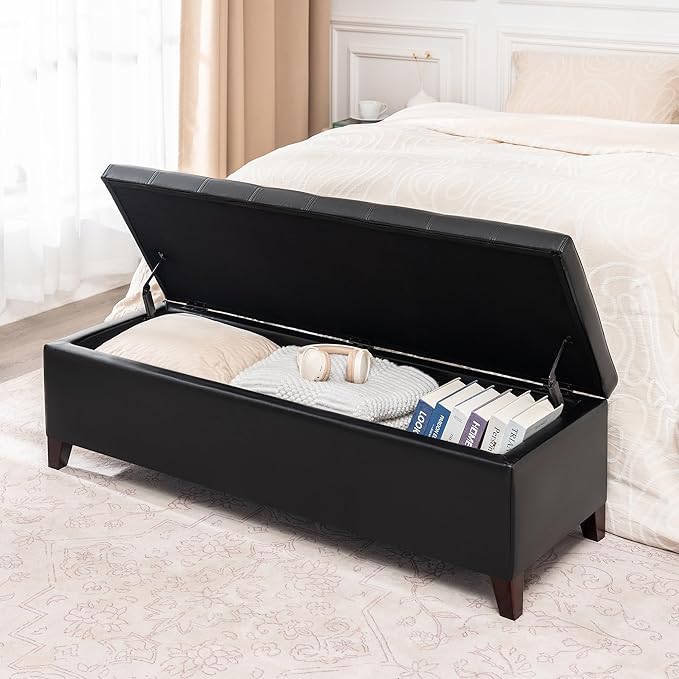 Joveco Storage Ottoman Bench, 51 Inch Leather Tufted Upholstered Bench for End Foot of Bed, Bedroom, Living Room, Black
