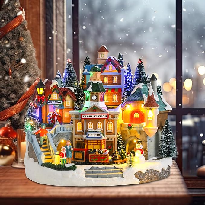 taman Christmas Village Houses - Musical Collectible Buildings with Moving Train Warm Light Ornaments for Christmas Holiday Decorations