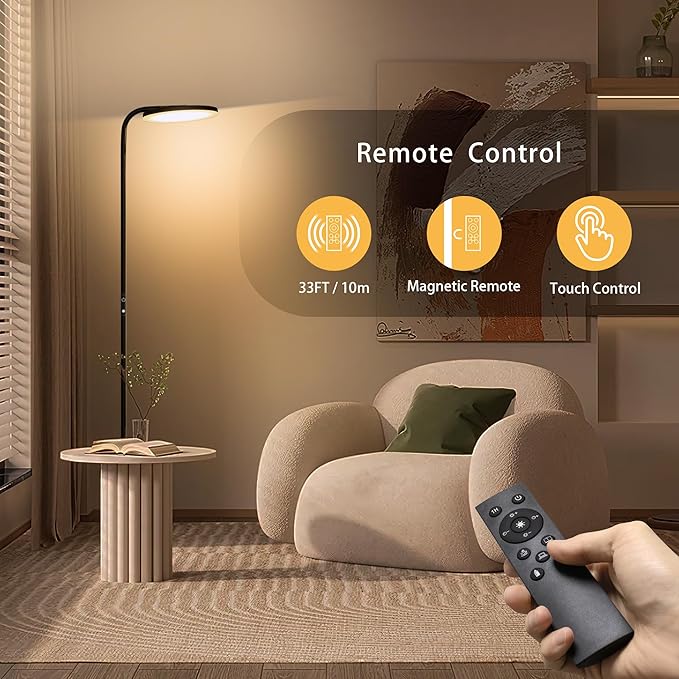 36W Super Bright LED Floor Lamp with Remote Control, Modern Stepless Dimmable Standing Lamp, 350°Rotating Head Tall Torchiere Floor Lamps for Living Room, Bedroom, Office