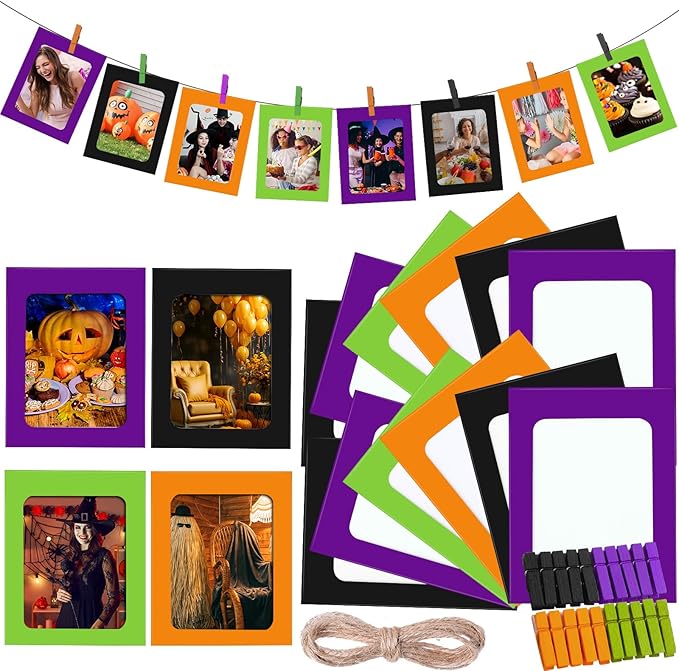 Janlaugh 100 Pcs Halloween Paper Photo Frames 4x6 Orange Black Purple Green Paper Frame with 100 Clip 10 String Kit DIY Hanging Cardboard Photo Holder Halloween Wall Decor Wedding Home