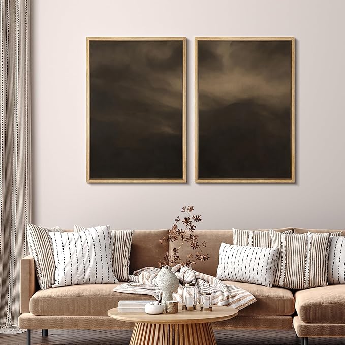 SIGNFORD Framed Canvas Print Wall Art Set Moody Misty Landscape Soft Brown and Gray Hues Illustration Modern Art Decorative Nordic Nature for Living Room, Bedroom, Office - 16"x24"x2 Natural