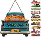Interchangeable Welcome Sign for Front Door Blue Farmhouse Truck Decor Hanging Sign with 11 Interchangeable Seasonal and Holiday Decor Signs 12x14 in. (Blue Farmhouse Truck)