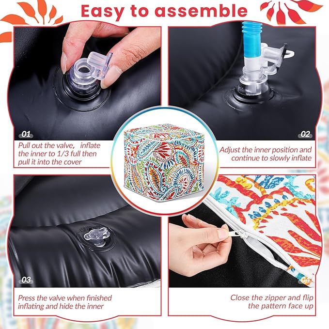 Juexica 1 Pack Ottoman Poufs Indoor Outdoor Inflatable Ottoman Stool Cube Pouffe Square Footstool with Handle for Patio Garden Home Boho Decorative Living Room, Bedroom (16 x 16 x 16 Inches)