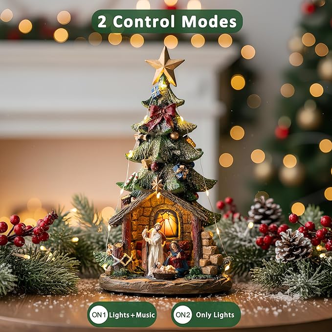 12'' Christmas Tree Lighted Manger Nativity Scene, Musical Holy Family Figurines LED Light Play Silent Night Music, Battery & USB Home Decor Gifts Festive Holiday Decorations