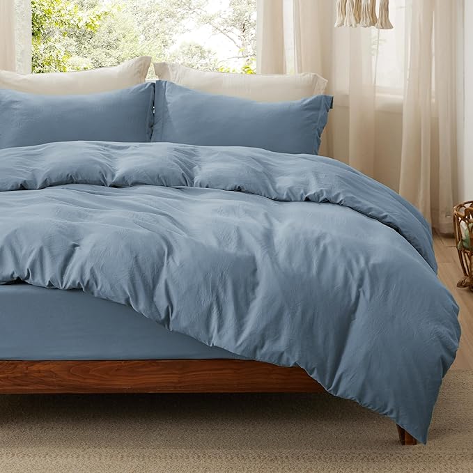 Bedsure Duvet Cover King Size with Fitted Sheet - 4 Pieces Prewashed Cotton-Like Extra Soft Bedding Set, Includes 1 Duvet Cover 104x90 Inches, 2 Pillow Shams, 1 Fitted Sheet, Mineral Blue