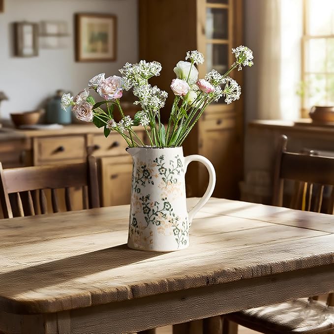 Ceramic Vintage Flower Vase with Handle, Chinoiserie Floral Pitcher Vase for Home Decor, Decorative Vases for Centerpiece Table Decorations, Green and White Vases for Living Room Kitchen Shelf Decor
