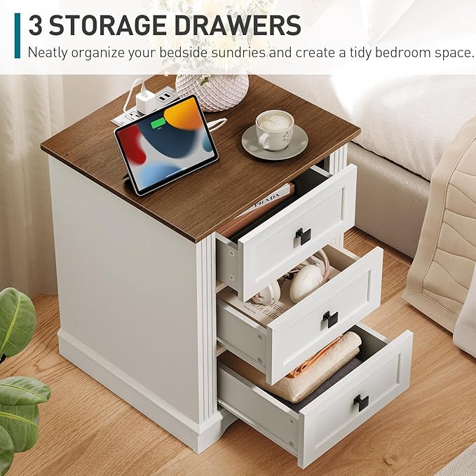 Nightstand with 3 Drawers, 18 Inch Wide End Table with Charging Station, Farmhouse Bedside Table, Side Table for Bedroom, Study, White and Walnut