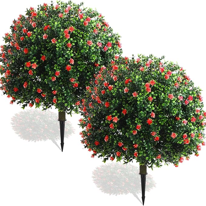 Yunlly Set of 2 Artificial Boxwood Topiary Ball Tree Fake Bushes Shrubs Outdoor Faux Plant with Ground Spike Flowers UV Resistance Greenery for Front Porch Garden Patio Indoor(Red,27x18inch)