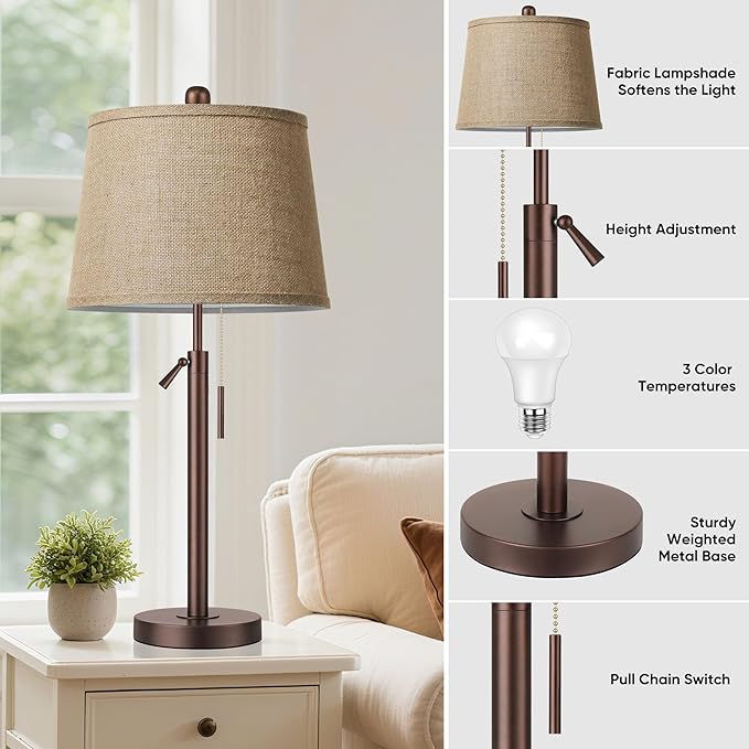 PARTPHONER Bedside Lamps Set of 2, Modern Table Lamps for Living Room, Height Adjustable Nightstand Lamps for Bedroom Office, End Table Lamps with Pull Chain(LED Bulbs Included), Oil Rubbed Bronze