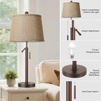 PARTPHONER Bedside Lamps Set of 2, Modern Table Lamps for Living Room, Height Adjustable Nightstand Lamps for Bedroom Office, End Table Lamps with Pull Chain(LED Bulbs Included), Oil Rubbed Bronze