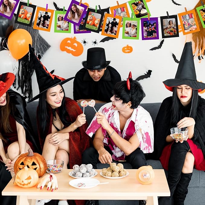 Janlaugh 100 Pcs Halloween Paper Photo Frames 4x6 Orange Black Purple Green Paper Frame with 100 Clip 10 String Kit DIY Hanging Cardboard Photo Holder Halloween Wall Decor Wedding Home