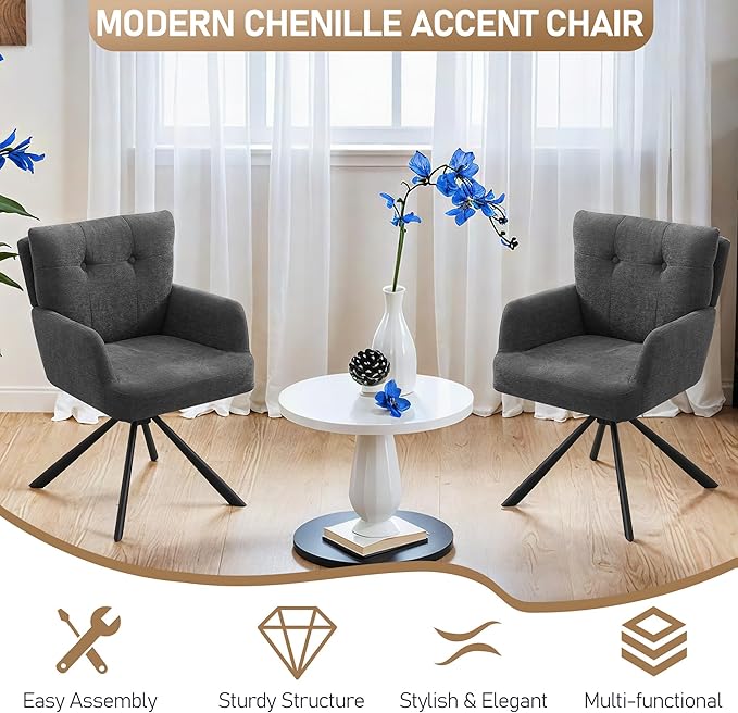 Fabric Dining Chair Modern Upholstered Swivel Dining Room Chairs Comfy Accent Armchair with Mid Back, Desk Arm Chair No Wheels for Kitchen/Living Room/Dining Room, Grey