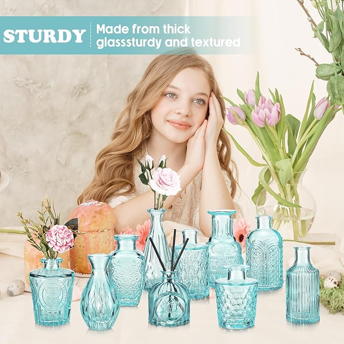 20 Pcs Glass Bud Vase Set Small Vintage Flower Vase in Bulk for Centerpieces Rustic Decorative Glass for Wedding Table Home Christmas Decoration (Light Blue)