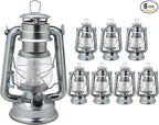 YAKii LED Vintage Metal Hanging Hurricane Lantern - 12 LED Dimmer Switch, Cold White Battery Operated for Power Outage Indoor Camping Outdoor Decoration (Silver Pack of 8)