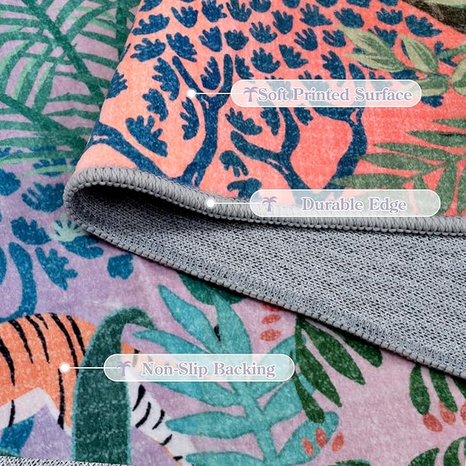 LIVEBOX Washable 6x9 Rug for Living Room, Soft Jungle Animal Print Rugs for Bedroom Aesthetic, Non Slip Purple Boho Rug Botanical Kids Rugs for Bedroom Girls,Stain Resistant Kid Rug for Playroom